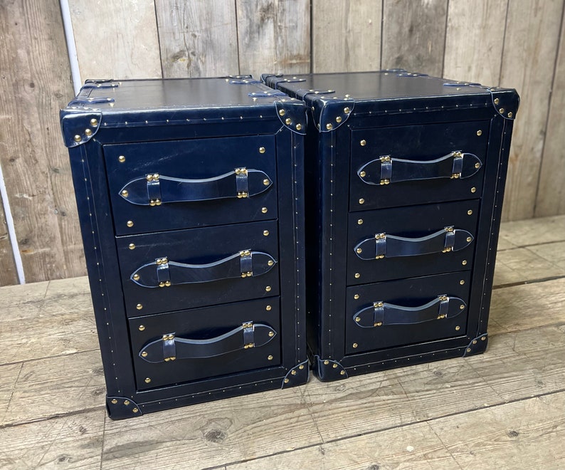 Handcrafted Dark Navy Blue Luxury Bedside Leather Nightstands zdjęcie 7