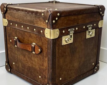 Baúl de almacenamiento de cuero teñido a mano: Armario de salón de estilo vintage inglés con herrajes de latón.