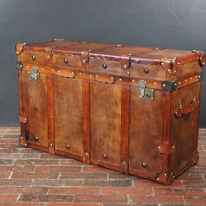 English Handmade Tan Leather Vintage Inspired Coffee Table Trunk image 4