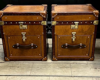 Custom Made London Tan English Leather End Tables - 2 Drawer Matching Pair