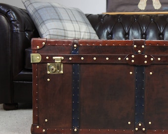 Large Antique Leather Handmade Coffee Table Trunk