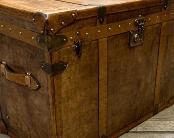 Hand-Dyed Leather Storage Trunk Campaign Chest, English Steamer Side Table