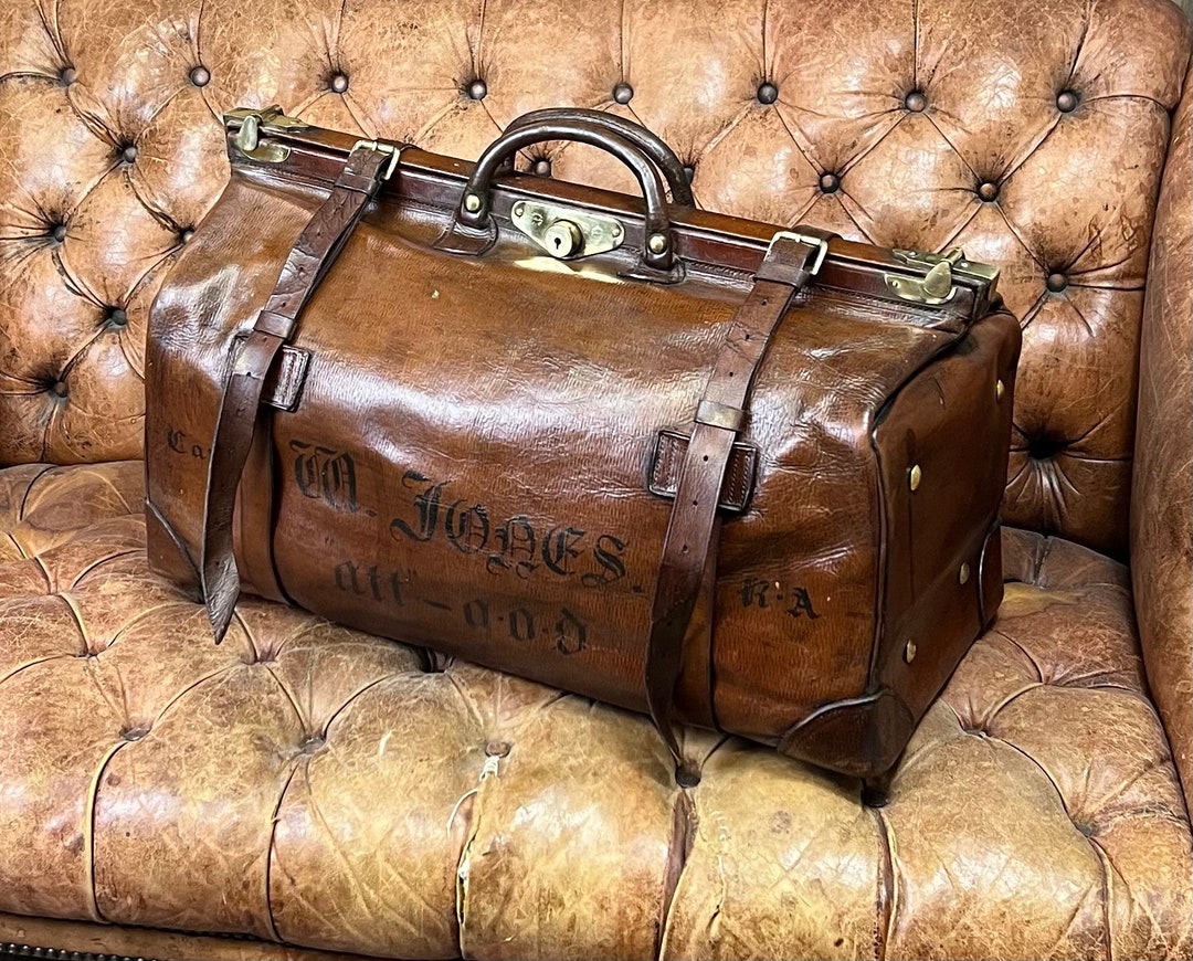 Antique Leather Belted Large Gladstone Travel Bag, Captain Royal