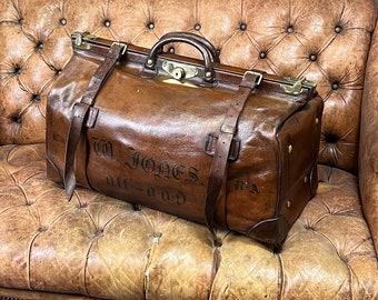 Antique leather belted large Gladstone travel bag, Captain Royal Airforce