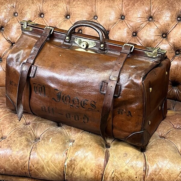 Antique leather belted large Gladstone travel bag, Captain Royal Airforce