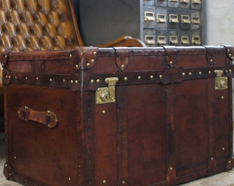 Antique Leather Campaign Trunk Chest Coffee Table
