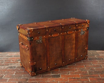 English Handmade Tan Leather Vintage Inspired Coffee Table Trunk