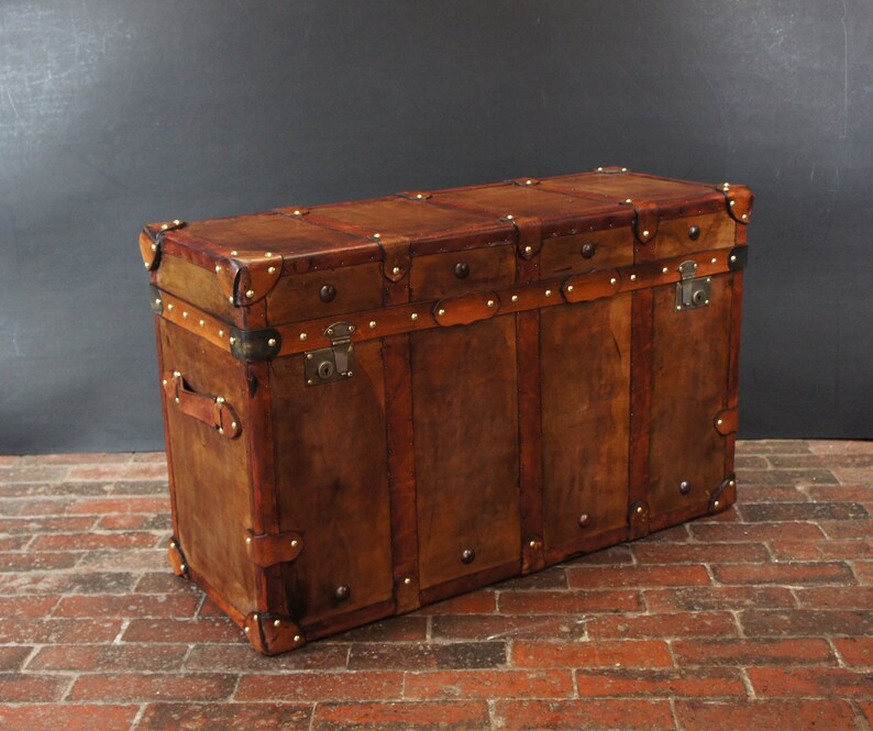 English Handmade Tan Leather Vintage Inspired Coffee Table Trunk image 1