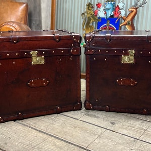 Antique Leather Handcrafted End Table Campaign Chests
