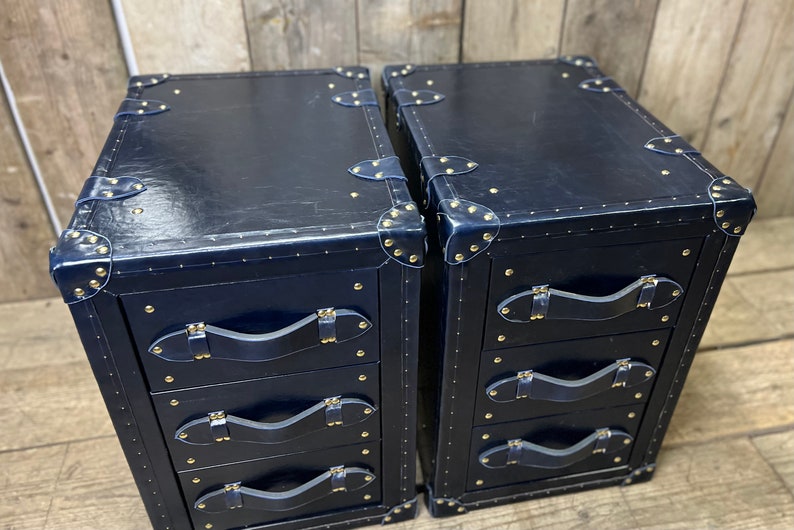 Handcrafted Dark Navy Blue Luxury Bedside Leather Nightstands zdjęcie 6