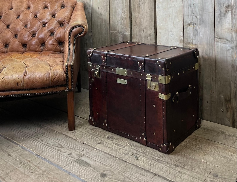 Handcrafted Storage Trunk Leather Chest Campaign Style Furniture Travel Inspired Design Premium Quality Construction English Craftsmanship Hand Dyed Bridle Leather Brass Fittings Console Table Side Furniture Living Room Bedroom Accent