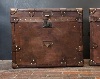 Finest Pair Of Leather English Side Table Trunks