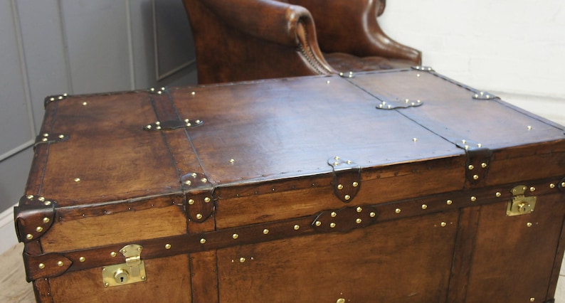 Heirloom Leather Trunk Coffee Table English Artisan Vegetable Tan Storage Chest Bild 12