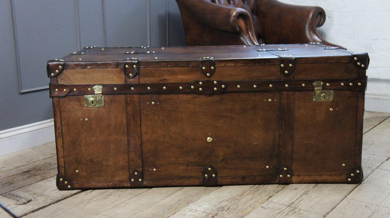 Heirloom Leather Trunk Coffee Table English Artisan Vegetable Tan Storage Chest Bild 10