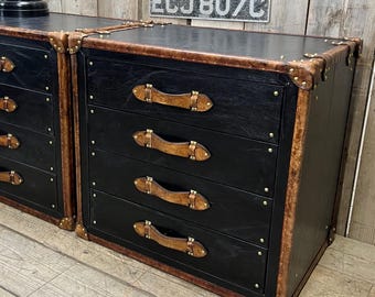Handgefertigte schwarze Leder Schlafzimmer Nachttische - Eiche gealtert Trim - English Custom