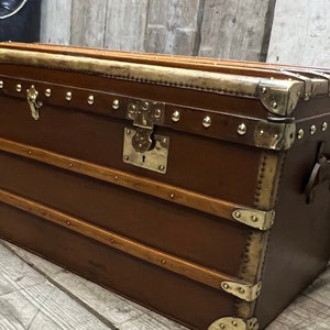 Leather Vellum Trimmed 1920s Steamer Trunk, Travel Chest