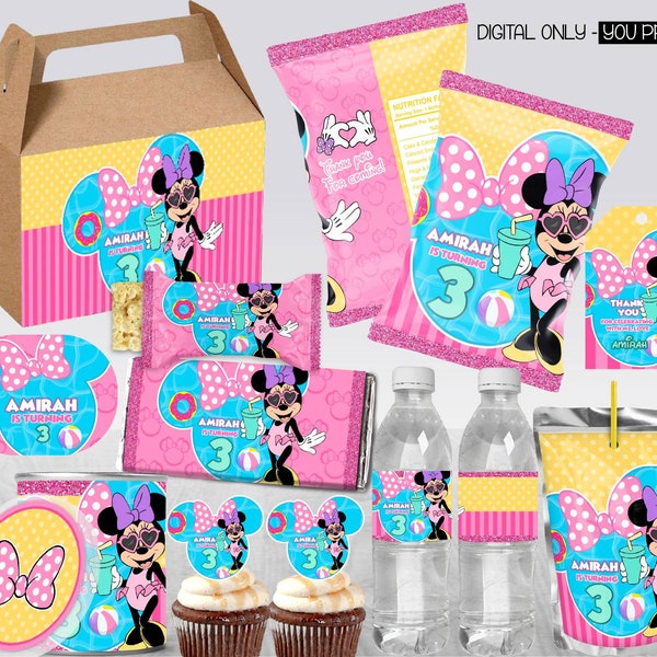 Ensemble personnalisé de fête de piscine de Minnie Mouse, pack d'anniversaire, fête de piscine de Minnie Mouse imprimable