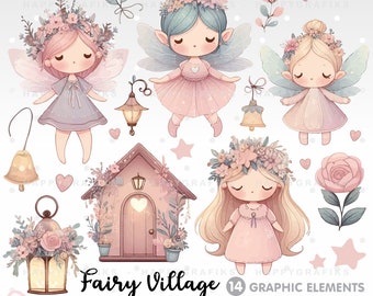 Fairy Clipart, Fairy Graphics, Watercolor, Cute Fairy, Fairytale Clipart, Fairy Girl, Spring, Spring Graphic, Spring Clipart, Png, Village