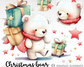 Christmas Clipart, Polar Bear, Christmas Graphics, Winter Clipart, Watercolor, Vector, Png, Winter Graphic, Celebration, Party, Digital