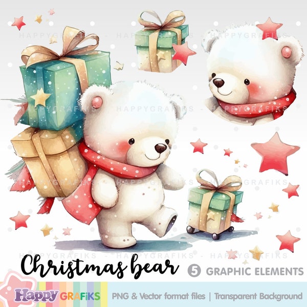 Christmas Clipart, Polar Bear, Christmas Graphics, Winter Clipart, Watercolor, Vector, Png, Winter Graphic, Celebration, Party, Digital