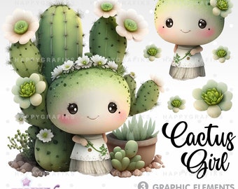 Cactus Girl Clipart, Cactus Clipart, Succulent Vector, Plants Clipart, Cute Cactus, Desert Clipart, Cactus Clipart Vector, Desert Cacti