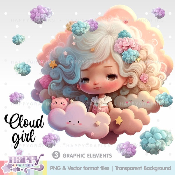 Girl Clipart Vector, Girl 3D, Dreamer Clipart, Cloudy Girl, Dreamer Girl Clipart, Pastel Girl Clipart, Cute Girl, Girl Illustration, Nursery