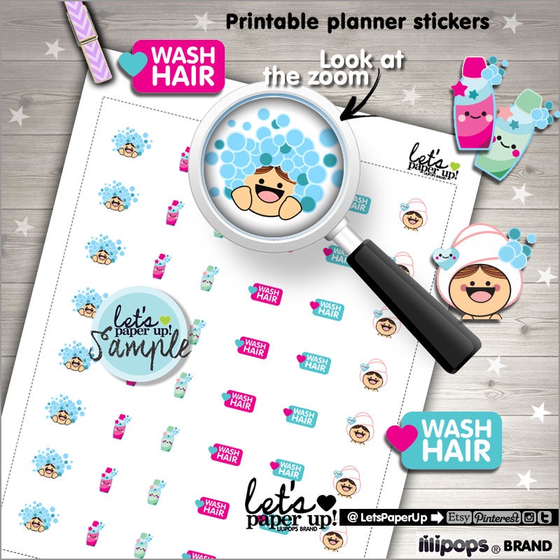 Wash Hair Stickers, Printable Planner Stickers, Washing Hair Stickers…