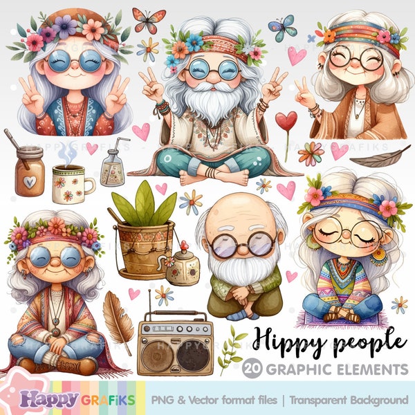 Hippie Clipart, Old People Clipart, Boho Clipart, Boho Graphics, Hippy Clipart, Hippie Graphics, Hippie Party, Boho Party, Bohemian Clipart