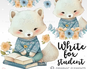 Fox Clipart, White Fox Clipart, Student Clipart, Spring Cliparts, Watercolor, Png, Png Clipart, Vector, Editable Clipart, Animal Clipart