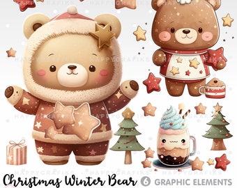 Christmas Clipart, Christmas Bear, Clipart, Christmas Graphics, Christmas Tree, Winter Clipart, Watercolor, Vector, Png, Watercolor Bear