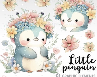 Penguin Clipart, Penguin Watercolor, Winter Clipart, Winter Penguin, Flower Cliparts, Watercolor, Cute Penguin, Vector, Little Penguin, Blue