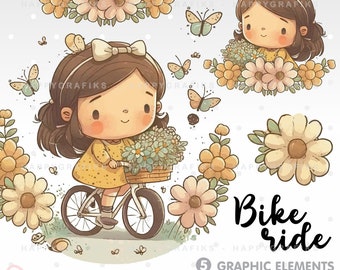 Bike Ride, Clipart, Bike Clipart, Girl Clipart, Adventure Clipart, Travel Clipart, Spring Clipart, Flower Clipart, Illustration, Vector, PNG