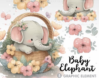 Baby Elephant, Clipart, Baby Clipart, Watercolor, Elephant Watercolor, Cloud Clipart, Flower Cliparts, Elephant Clipart, Nursery Clipart