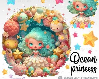 Ocean Princess Clipart, Under the Sea Clipart, Princess Clipart, Under the Sea Graphics, Ai Design, Ocean Clipart, Underwater World, Sea