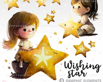 Girl and Star, Clipart, Girl Clipart, Girl Graphic, Star Clipart, Fairytale Clipart, Fairytale Graphics, Magical Clipart, Dream Clipart