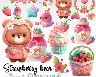 Bear Clipart, Bear 3D, Bear PNG, Bear Vector, Strawberry Clipart, Strawberry Graphics, Strawberry Jam Clipart, Sweet Clipart, Dessert, Bear