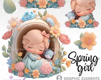 Spring Girl, Clipart, Sleeping Girl, Cute Baby Girl, Girl Clipart, Baby Girl, Girland Bear, 3D, Vector, Png files, Cute little Girl, Spring