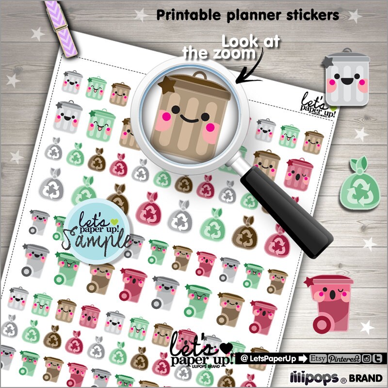 Garbage Sticker, Printable Planner Stickers, Trash Can Garbage, Funct…