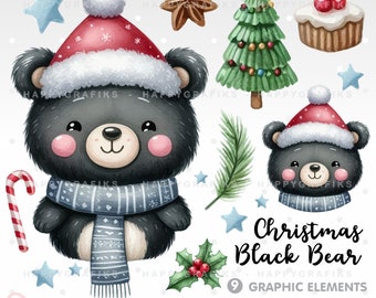 Christmas Bear, Clipart, Black Bear Clipart, Woodland Clipart, Christmas Graphics, Christmas Tree, Winter Clipart, Watercolor, Vector, Png