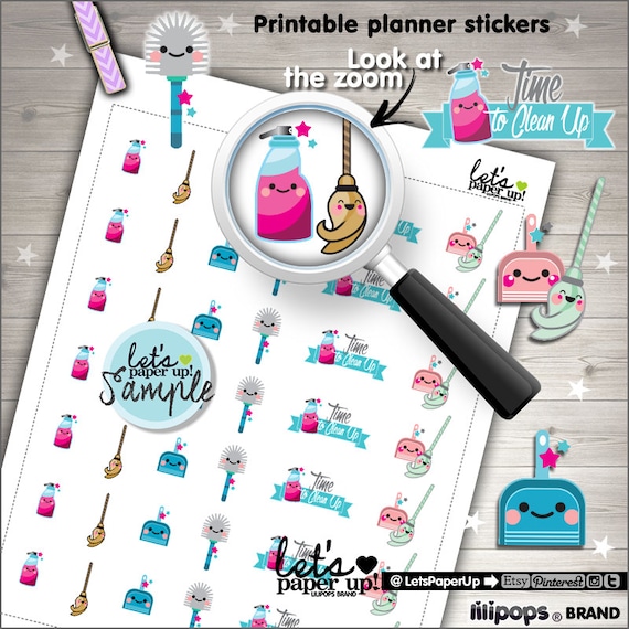 clean up stickers printable planner stickers kawaii etsy