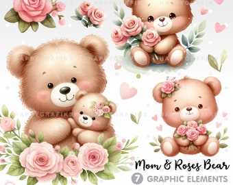 Mother's Day, Clipart, Mom Clipart, Mom and Baby, Bear Clipart, Bear Mom, Spring Clipart, Celebration, Mother Images, Png, Baby Bear, Roses