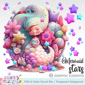 Mermaid Clipart, Mermaid Vector, Cute Mermaid Clipart, Little Girl Clipart, Mermaid Images, Under The Sea, Png Files, Girl Clipart, Stars