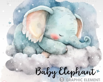 Baby Elephant, Clipart, Baby Clipart, Watercolor, Elephant Watercolor, Cloud Clipart, Heaven Clipart, Elephant Clipart, Nursery Clipart