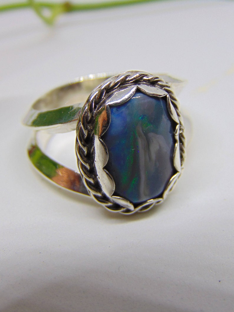 natural solid lightning ridge opal ring sterling silver mens unisex twist accents dolphin potch scenic opal ring black opal jewelry