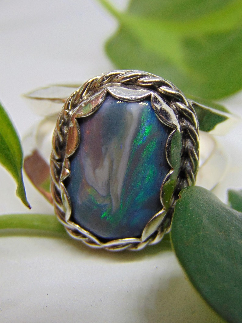 natural solid lightning ridge opal ring sterling silver mens unisex twist accents dolphin potch scenic opal ring black opal jewelry