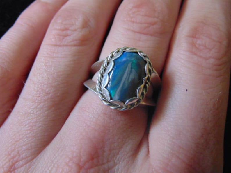 natural solid lightning ridge opal ring sterling silver mens unisex twist accents dolphin potch scenic opal ring black opal jewelry