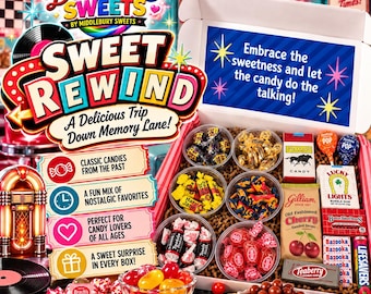 May include: A Deliver Me Sweets Sweet Rewind gift box filled with assorted nostalgic candies, including Tootsie Rolls, Gilliam cherry drops, and various boxed sweets. The box lid features the text Embrace the sweetness and let the candy do the talking.
