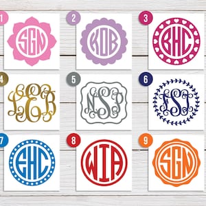 Monogram vinyl decal mockup. Soft Pink flower circle monogram, Lilac scallop circle, Dark Pink hearts circle, Gold script, Silver elegant frame script monogram, Cobalt laurel script, Sky Blue dots, Light Red circle, Orange seal.