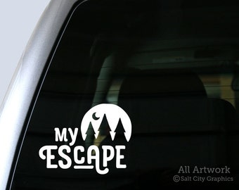 My Escape Decal, My Escape Sticker - Escape to Nature, Pine Forest, Night, Crescent Moon - Vinyl, Bumper Sticker, Car Decal, Laptop Sticker
