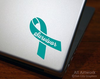 Ovarian Cancer Ribbon Decal, Teal Ribbon Sticker - Survivor, Cancer Awareness - Vinyl, Laptop Decal, Car Decal, Water Bottle Sticker